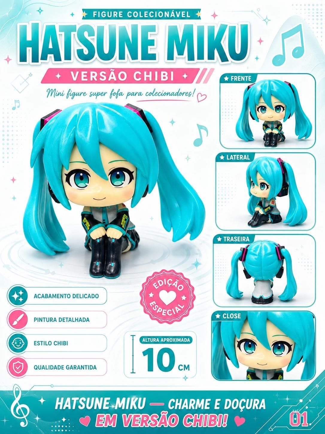 Action Figure Hatsune Miku Chibi 8cm Vocaloid Boneca Sentada Q Version Figure Colecionável PVC Fofa Decoração Novo e Lacrado