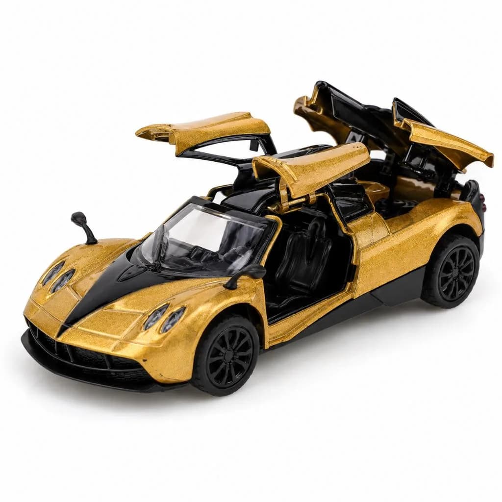 Miniatura Carro Esportivo Pagani 1/43 Diecast Metal Dourado Preto com Portas Móveis Sem Caixa