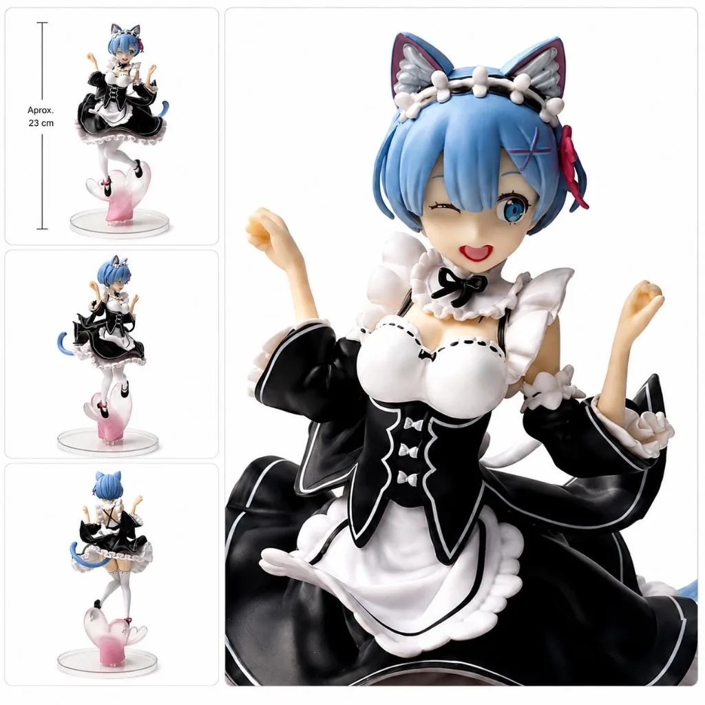 Action Figure Rem Re: Zero Maid com Orelhas de Gato 23 cm Base Rosa Sem Caixa