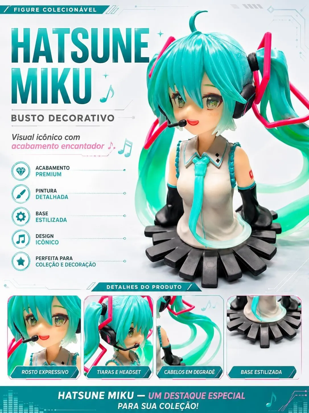 Action Figure Hatsune Miku Busto 15cm Vocaloid - Meio Corpo Twintails Headset - Figure Colecionável PVC Anime Decoração Novo e Lacrado
